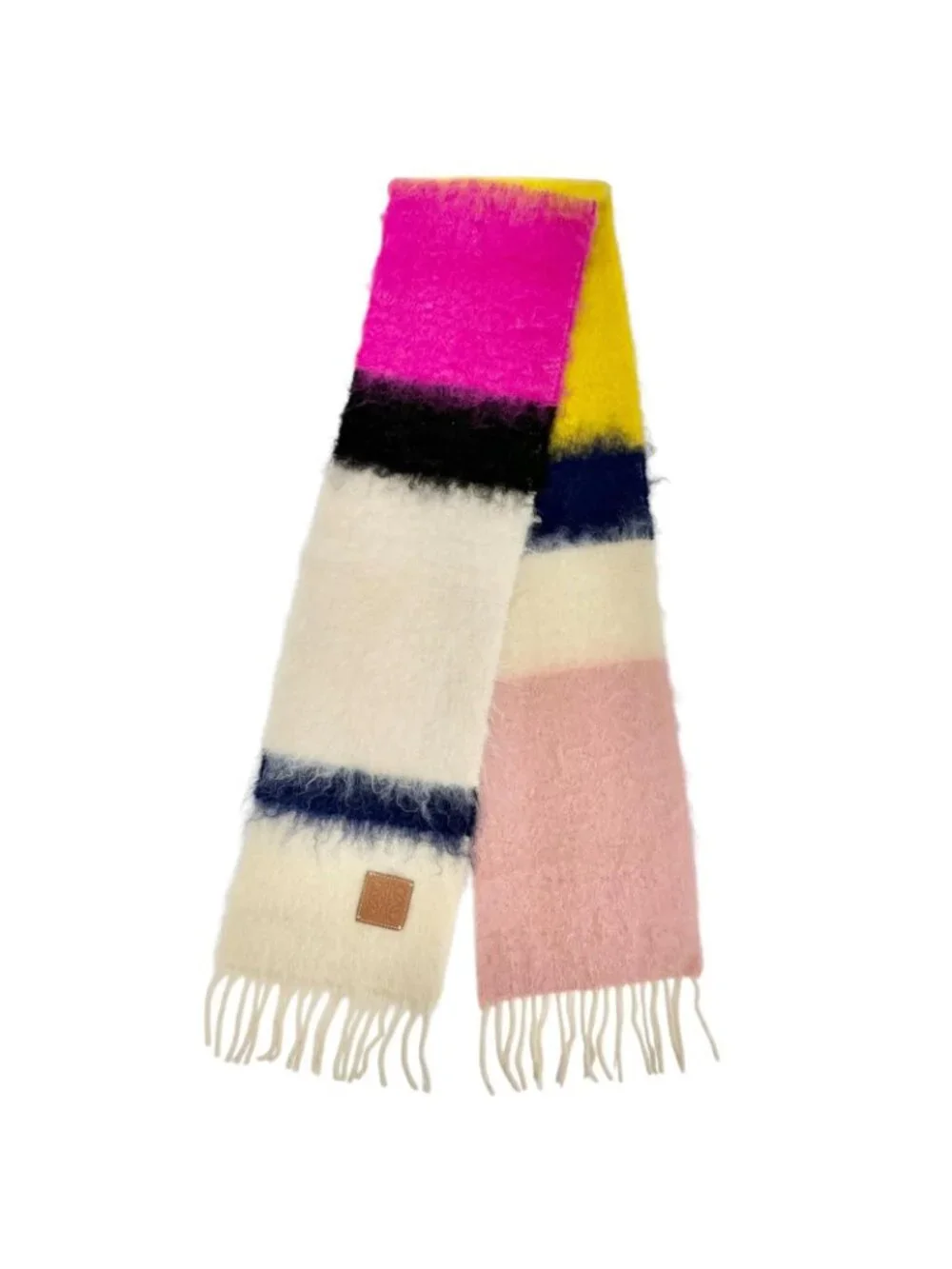 Loewe Wool Mohair Anag Lambskin Patch Border Fringe Long Scarf Ivory Multicolor
